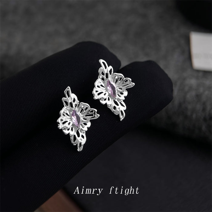 Silver-Tone Openwork Flower Stud Earrings Light Purple Stone