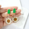 Green Enamel Stud White Daisy Resin Drop Earrings Gold Rim view 2