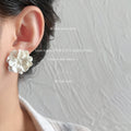 White Pearl Camellia Flower Stud Earrings Layered Petals view 2
