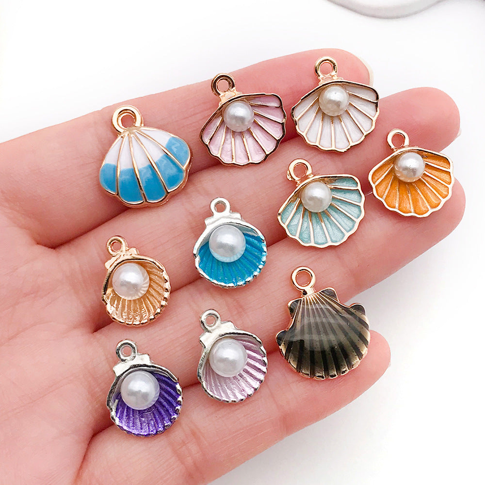 Enamel Zinc Alloy Scallop Shell Pearl Charm Pendant for Necklaces and Bracelets