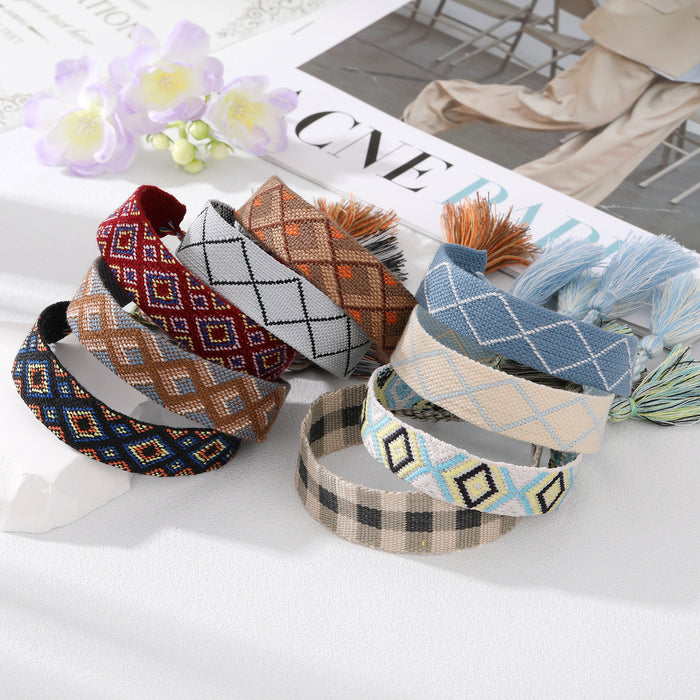 Wide Woven Geometric Pattern Tassel Adjustable Bracelets
