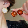 Round Faceted Stud Earrings in Amber Brown or Black view 2