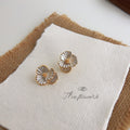 White Enamel Iris Flower Stud Earrings Gold CZ Leaf view 3