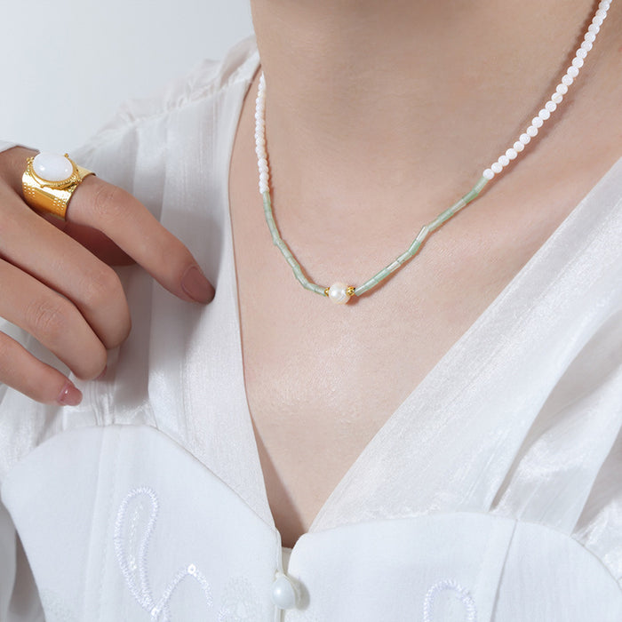 Mint Green Tube Bead Pearl Center White Bead Necklace