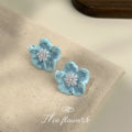 Aqua Blue Flower Clear Stone Cluster Stud Earrings For Women view 4