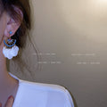 Gold Tone Blue Beaded Fan Shell Disc Drop Earrings view 4