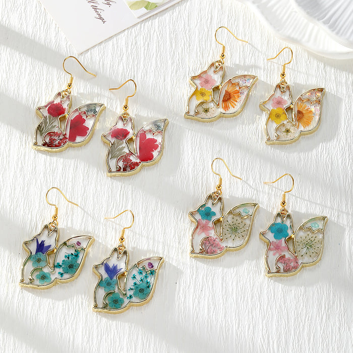 Gold Tone Fox Silhouette Pressed Flower Drop Earrings in Four Designs