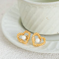 Heart Open Frame Stud Earrings Pearl Center Gold Steel view 3