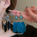 Feather Tassel Earrings in Blue and Black With Four Fastenings view 2
