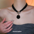 Black Multi Strand Beaded Necklace with Round Pendant view 3