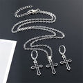 Silver Tone Black Enamel Cross Pendant Necklace and Huggie Earrings view 1