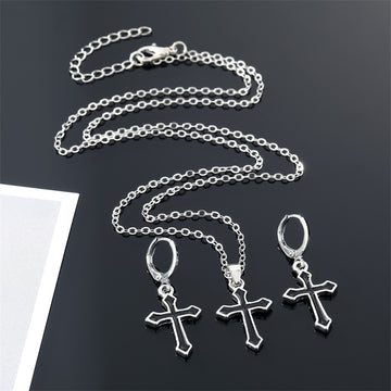 Silver Tone Black Enamel Cross Pendant Necklace and Huggie Earrings