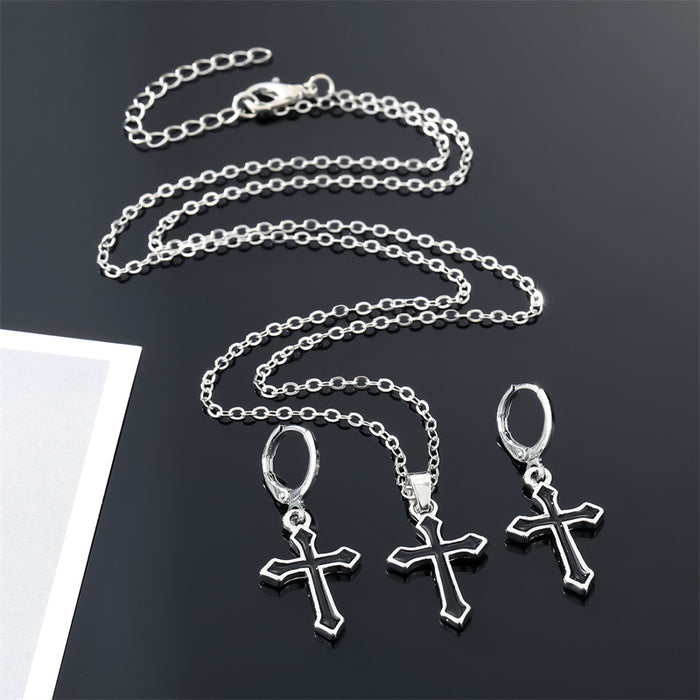 Silver Tone Black Enamel Cross Pendant Necklace and Huggie Earrings