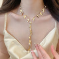 Leaf Cascade Y Necklace with Polished Metal Leaf Drops view 3
