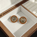Brown Round Letter Medallion Gold Tone Stud Earrings view 4