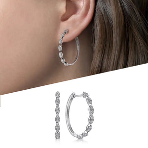 Silver Tone Oval Hoop Earrings With Marquise Clear Stones