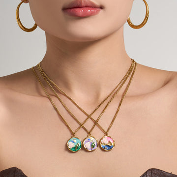 Gold Stainless Enamel Rose Round Pendant Necklaces Four Models