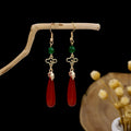 Green Bead Cloud and Red Teardrop Gold Hook Earrings view 1