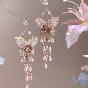 Pink Crystal Butterfly Chandelier Statement Drop Earrings