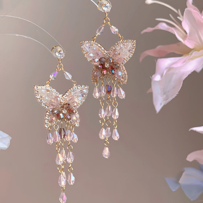 Pink Crystal Butterfly Chandelier Statement Drop Earrings