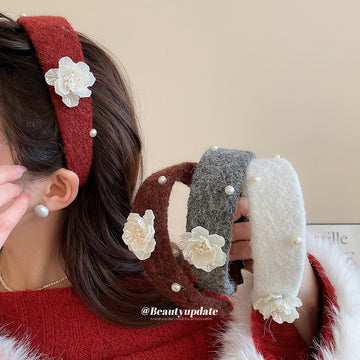 Gray Wool Blend Flower Pearl Wide Padded Headband Band