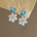 Blue Square And White Daisy Flower Drop Stud Earrings view 6