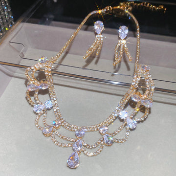 Court Lace Rhinestone Necklace Earrings Set Gold Or Silver