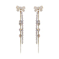 Crystal Bow Long Chain Pearl Tassel Statement Earrings view 5