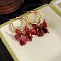 Red Ivory and Brown Flower Cluster Gold Hoop Earrings view 6
