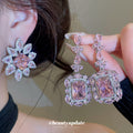 Pink Crystal Statement Earrings in Floral and Rectangle Styles view 2