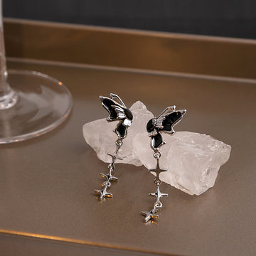 Black Butterfly and Silver Star Branch Dangle Earrings