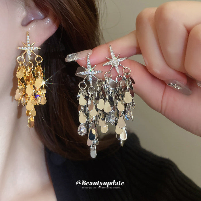 Gold Tone Star Sequin Cascade Stud Earrings With Decorative Metal Accents