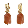 Gold Textured Stud Earrings Amber Irregular Stone Drops view 5