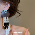 Wood Disc Pearl and Black Bead Drop Stud Earrings Statement Jewelry view 3