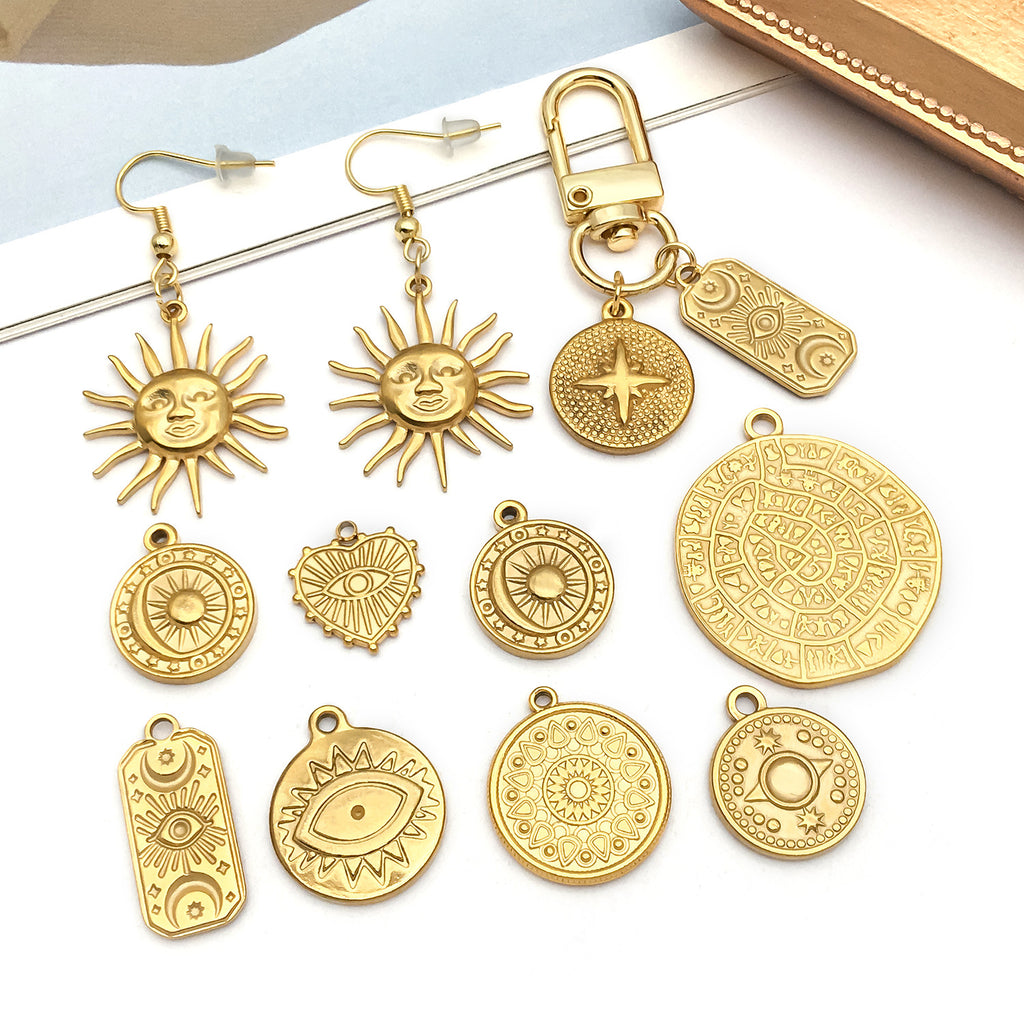 Gold Stainless Steel Sun Evil Eye Round Tag Charm Pendant for DIY Bracelet Necklace