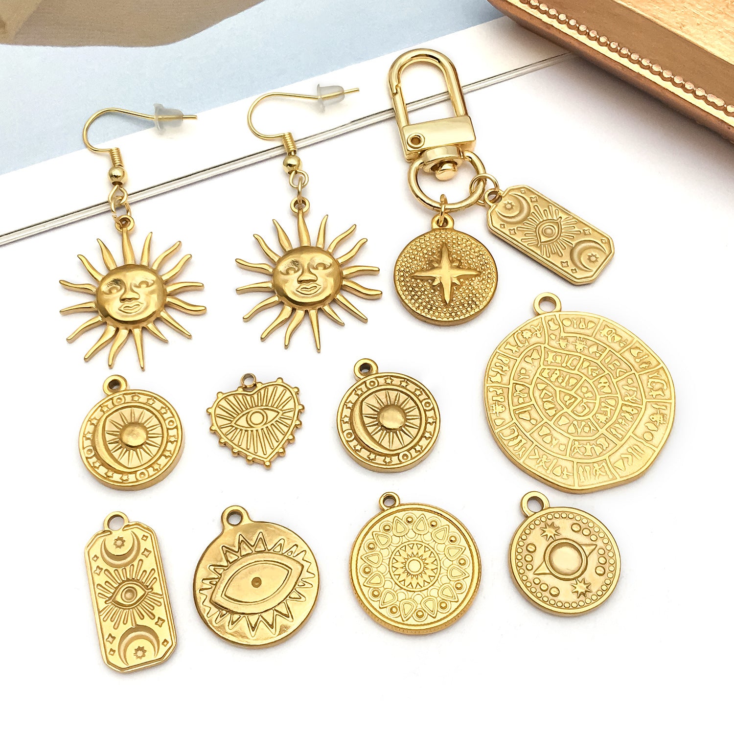 Gold Stainless Steel Sun Evil Eye Round Tag Charm Pendant for DIY Bracelet Necklace