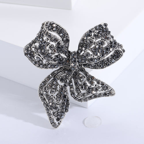 Black gunmetal rhinestone bow brooch front view
