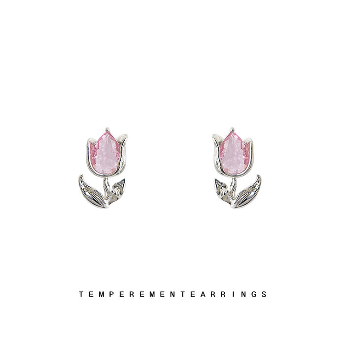 Silver Crystal Tulip Stud Earrings Pink And Blue Colors