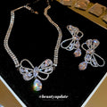 Silver Tone Crystal Bow Necklace And Earrings With Teardrop Drops view 2