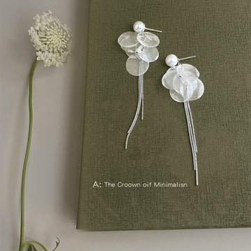 Silver Tone Pearl And Translucent Disc Long Chain Tassel Earrings