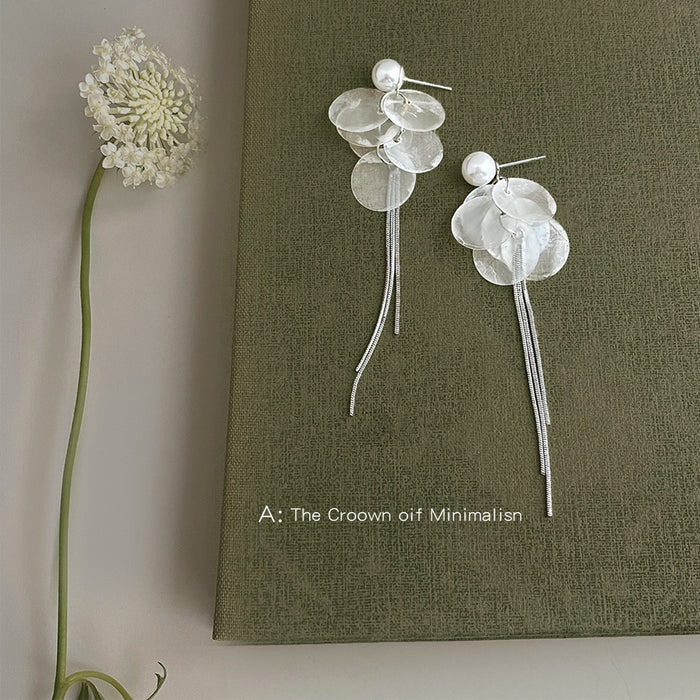 Silver Tone Pearl And Translucent Disc Long Chain Tassel Earrings