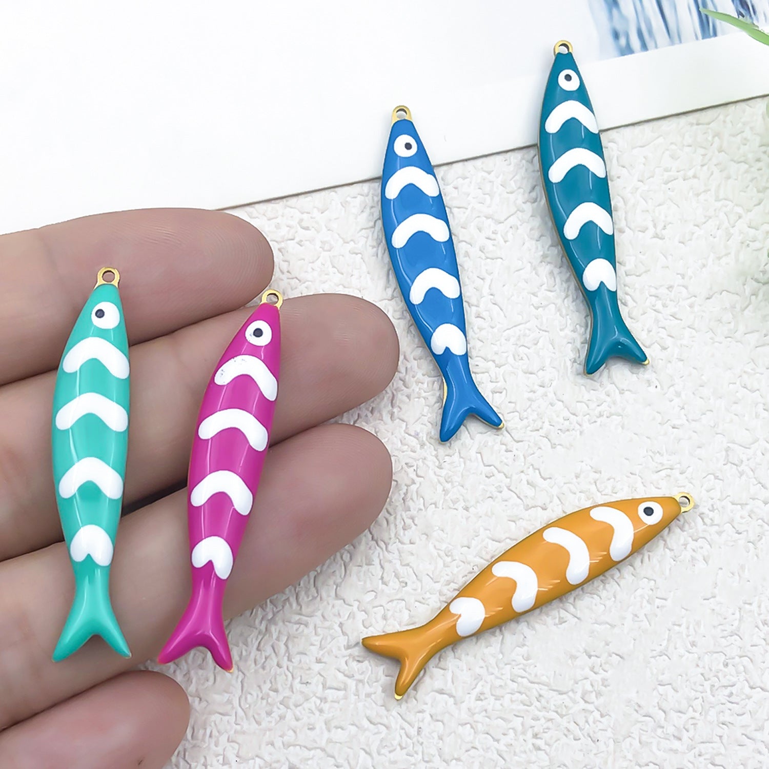 Enamel Stainless Steel Long Fish Double Sided charm pendants for DIY necklaces bracelets earrings