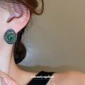 Blue Green Oval Crystal Halo Stud Earrings Jewelry view 3