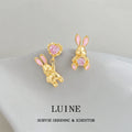 Gold Tone Pink Rabbit Asymmetric Stud Earrings For Women view 4
