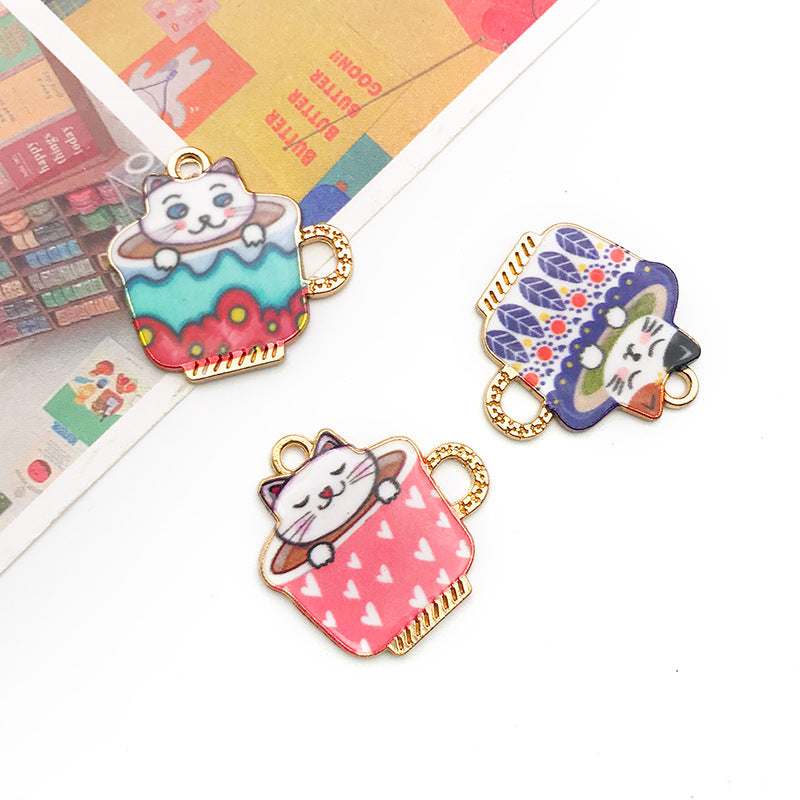 Enamel Zinc Alloy Cup Cat Charm Pendant for DIY Earrings Necklace Jewelry Accessories