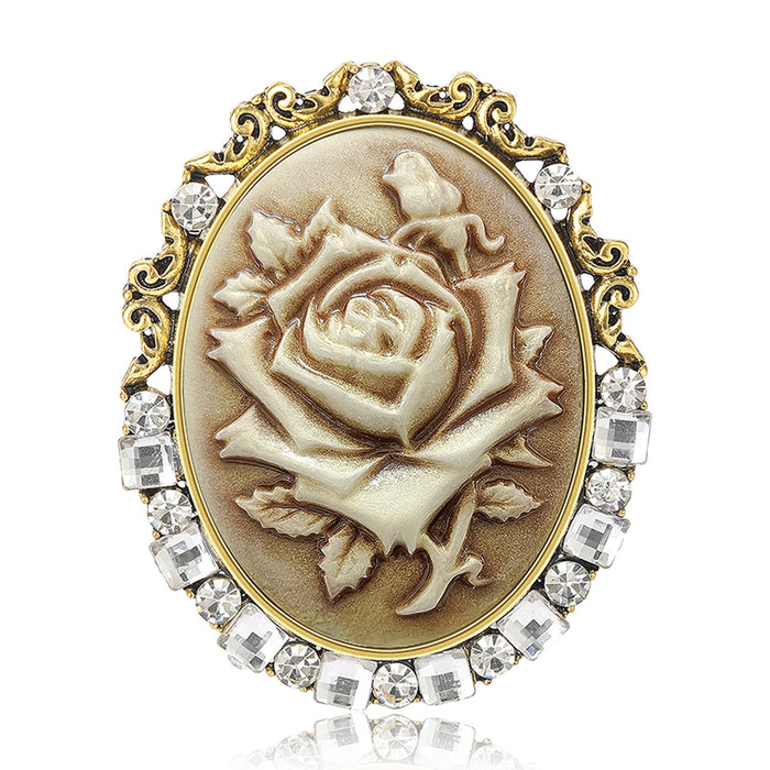 Carved Rose Cameo Brooch with Crystal Filigree Border