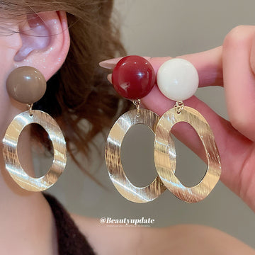 Brushed Gold Oval Drop Earrings with Round Stud Tops