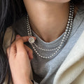 Silver Double Strand Pearl Bead Necklace Square Halo Clasp view 6