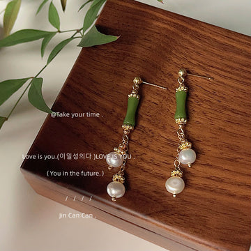 Gold Tone Green Bamboo And White Pearl Long Stud Earrings