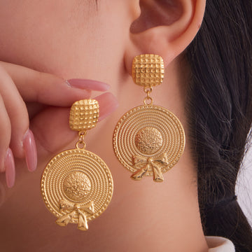 Bow Hat And Curb Chain Drop Earrings Gold Or Steel Tone